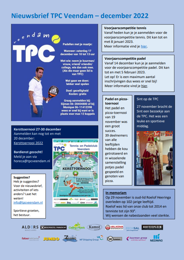 Tennis en Veendam Nieuwsbrief december 2022