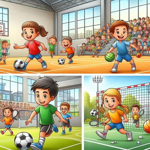 Cartoon van kinderen die voetbal, handbal, volleybal en tennis spelen in een sporthal.png